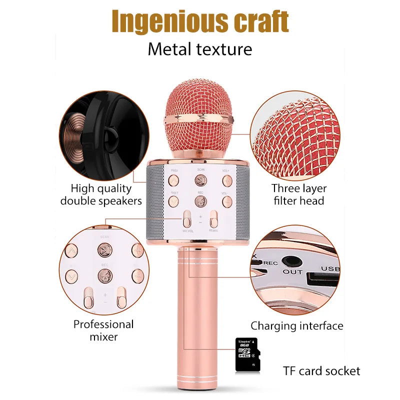 WS858 Karaoke Microphone for Kids Singing 5 in 1 Wireless Bluetooth Microphone with LED Lights Machine Portable Mic Speaker - Slobuy
