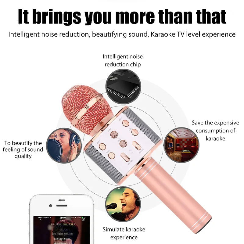 WS858 Karaoke Microphone for Kids Singing 5 in 1 Wireless Bluetooth Microphone with LED Lights Machine Portable Mic Speaker - Slobuy