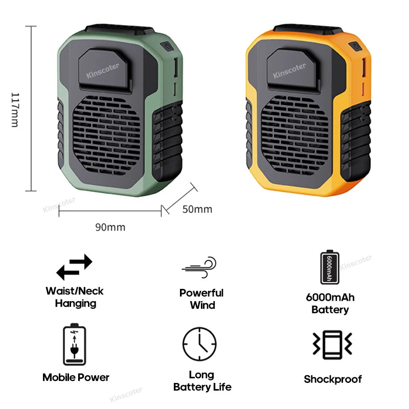 Kinscoter 6000mAh Hanging Neck/Waist Fan USB Mini Portable Rechargeable Fan For Outdoor Camping Hiking Climbing Running Sports - Slobuy