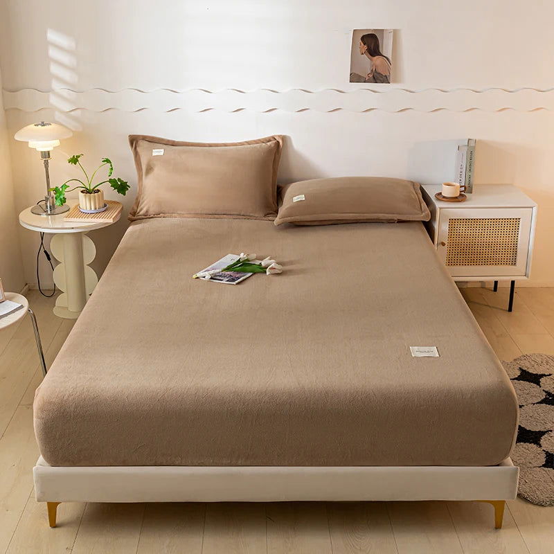 Warm Plush Fitted Sheet Elastic Mattress Cover Velvet Bed Cover Full Set Winter Soft Family Double Bed Bedding 150/160/180x200cm - Slobuy