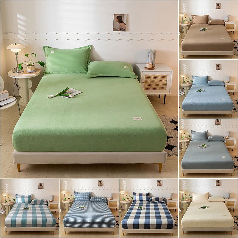 Warm Plush Fitted Sheet Elastic Mattress Cover Velvet Bed Cover Full Set Winter Soft Family Double Bed Bedding 150/160/180x200cm - Slobuy