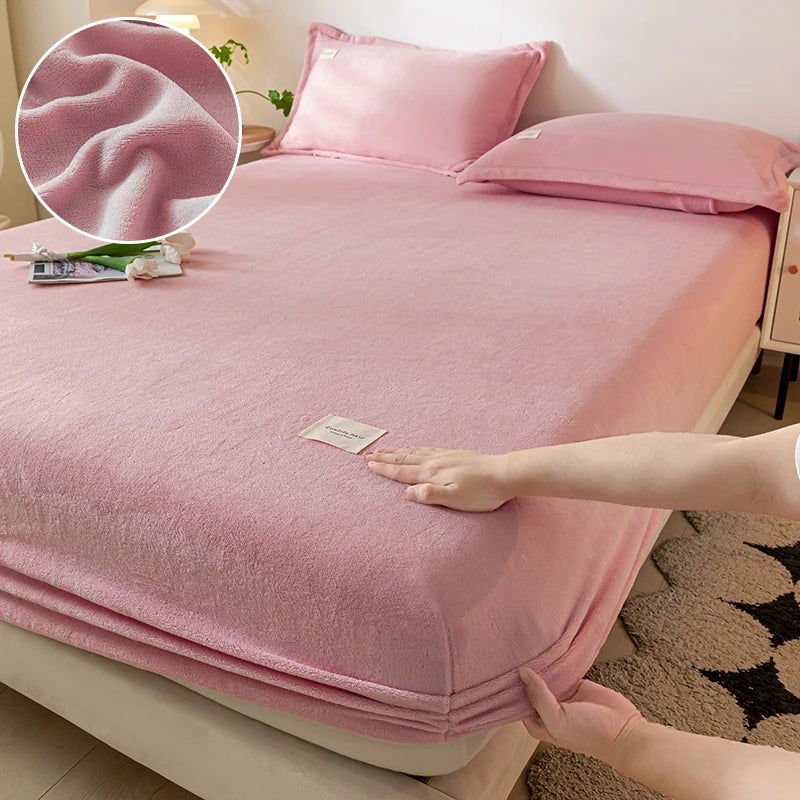 Warm Plush Fitted Sheet Elastic Mattress Cover Velvet Bed Cover Full Set Winter Soft Family Double Bed Bedding 150/160/180x200cm - Slobuy
