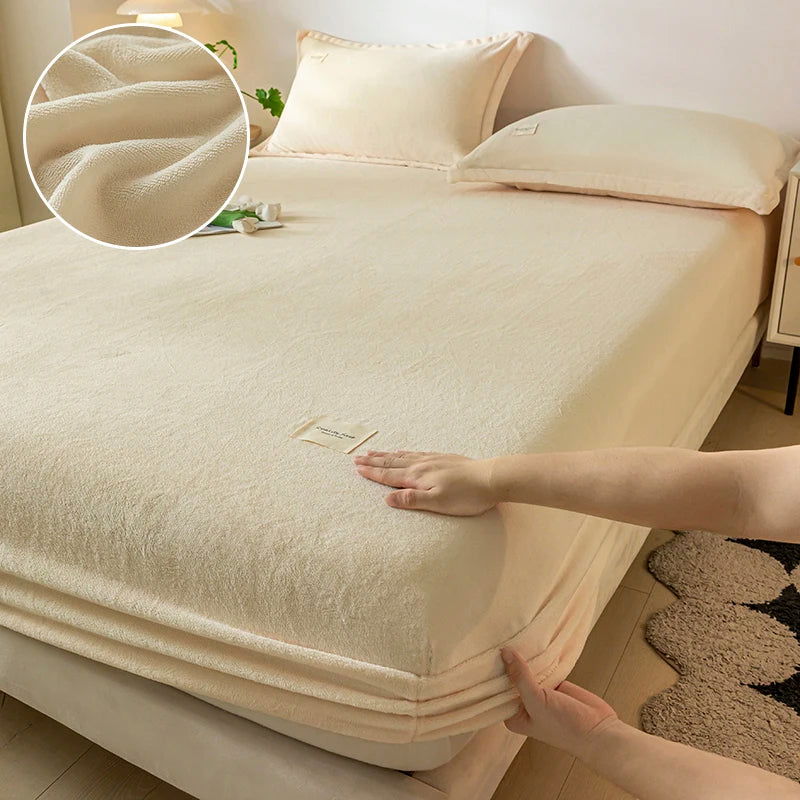 Warm Plush Fitted Sheet Elastic Mattress Cover Velvet Bed Cover Full Set Winter Soft Family Double Bed Bedding 150/160/180x200cm - Slobuy
