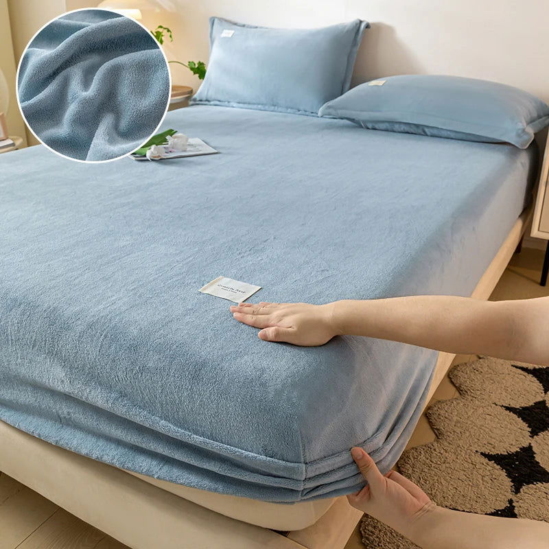 Warm Plush Fitted Sheet Elastic Mattress Cover Velvet Bed Cover Full Set Winter Soft Family Double Bed Bedding 150/160/180x200cm - Slobuy