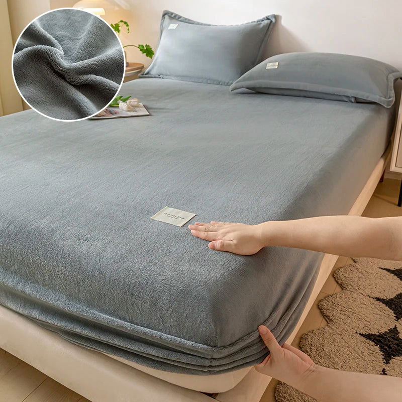 Warm Plush Fitted Sheet Elastic Mattress Cover Velvet Bed Cover Full Set Winter Soft Family Double Bed Bedding 150/160/180x200cm - Slobuy