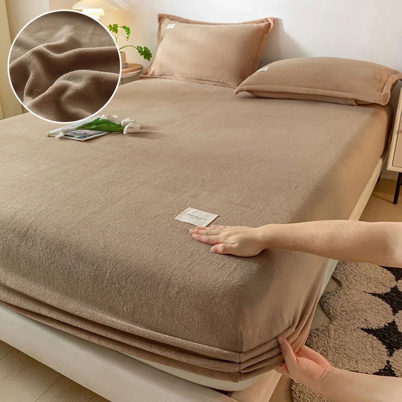 Warm Plush Fitted Sheet Elastic Mattress Cover Velvet Bed Cover Full Set Winter Soft Family Double Bed Bedding 150/160/180x200cm - Slobuy