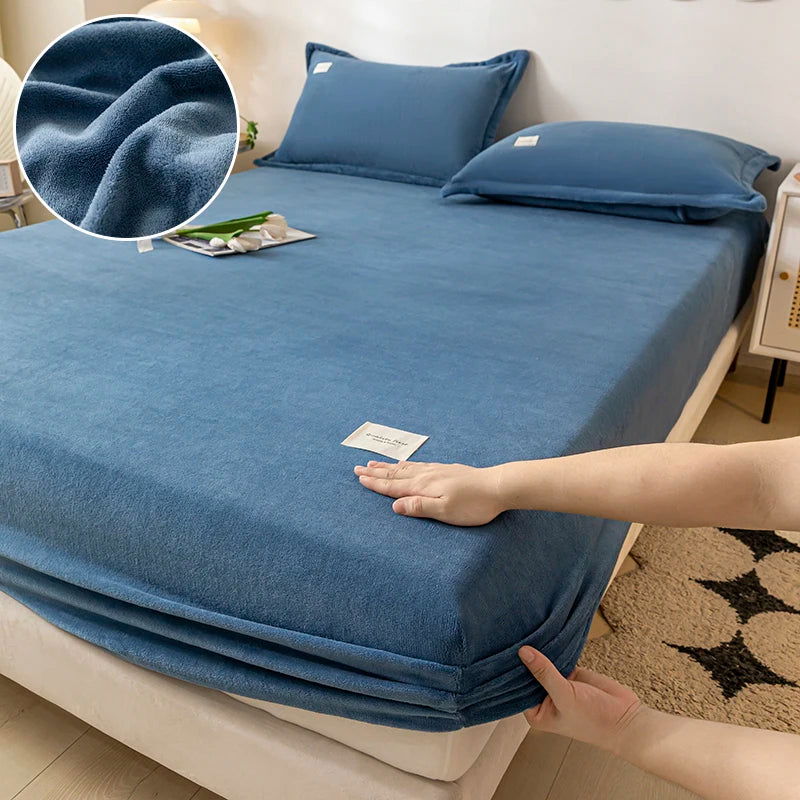 Warm Plush Fitted Sheet Elastic Mattress Cover Velvet Bed Cover Full Set Winter Soft Family Double Bed Bedding 150/160/180x200cm - Slobuy