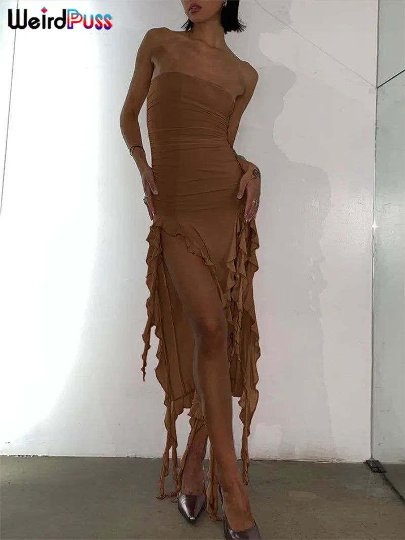 Weird Puss Elegant Strapless Dress Women Irregular Tassel 2023 Summer Trend Skinny Split Maxi Bodycon Birthday Party Clubwear - Slobuy