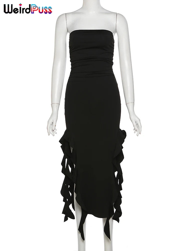 Weird Puss Elegant Strapless Dress Women Irregular Tassel 2023 Summer Trend Skinny Split Maxi Bodycon Birthday Party Clubwear - Slobuy