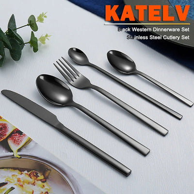 Western Tableware Black Dinnerware Set 6 Pieces Cutlery Set Stainless Steel Knife Fork IceTea Spoon Party Classic Silverware Set - Slobuy
