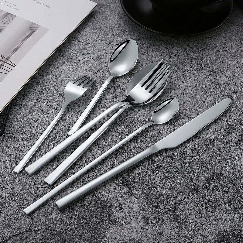 Western Tableware Black Dinnerware Set 6 Pieces Cutlery Set Stainless Steel Knife Fork IceTea Spoon Party Classic Silverware Set - Slobuy
