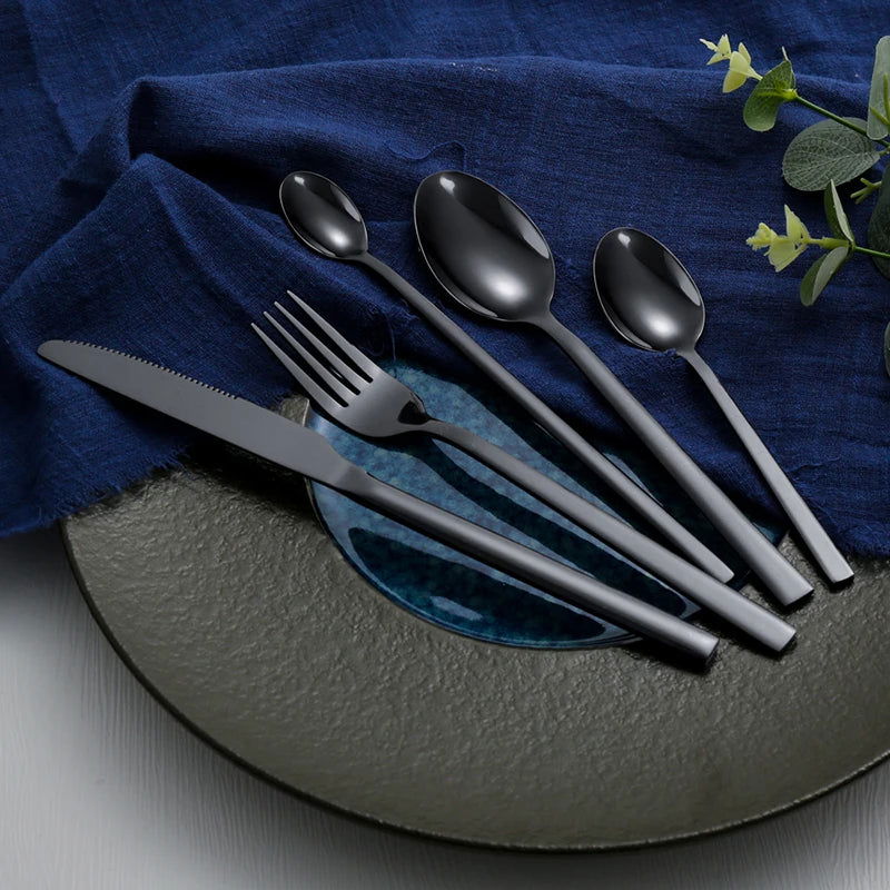 Western Tableware Black Dinnerware Set 6 Pieces Cutlery Set Stainless Steel Knife Fork IceTea Spoon Party Classic Silverware Set - Slobuy