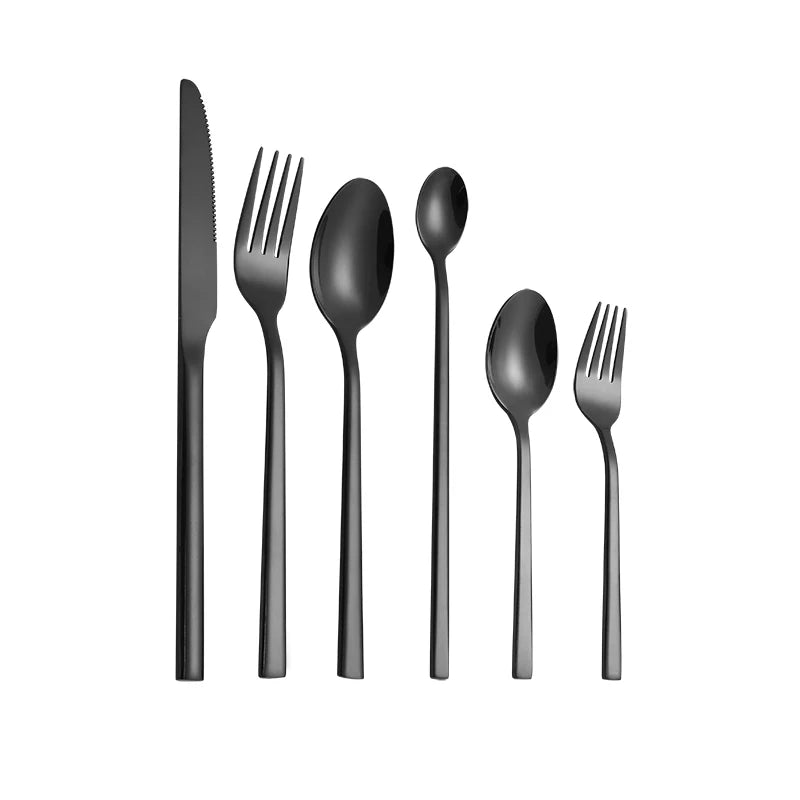 Western Tableware Black Dinnerware Set 6 Pieces Cutlery Set Stainless Steel Knife Fork IceTea Spoon Party Classic Silverware Set - Slobuy