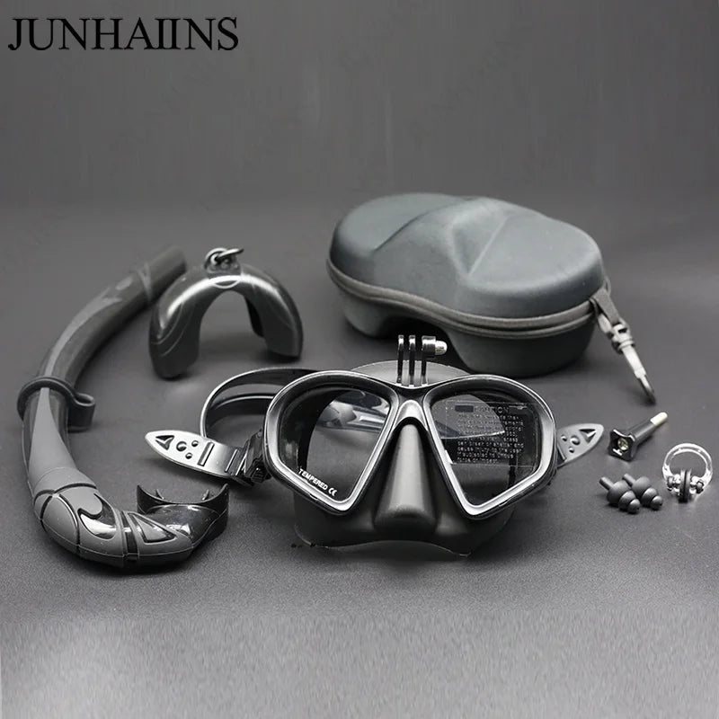 Wet Gopro Mount Low Volume Diving Mask Tempered Glass Freedive Mask J-type Diving Mask Snorkel Set with Camera Mount Black - Slobuy