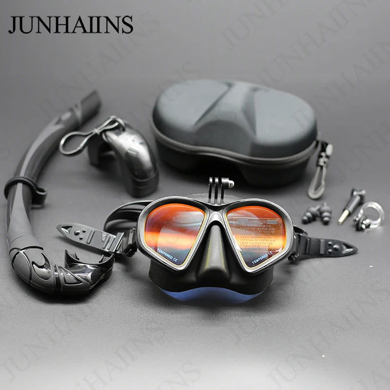Wet Gopro Mount Low Volume Diving Mask Tempered Glass Freedive Mask J-type Diving Mask Snorkel Set with Camera Mount Black - Slobuy