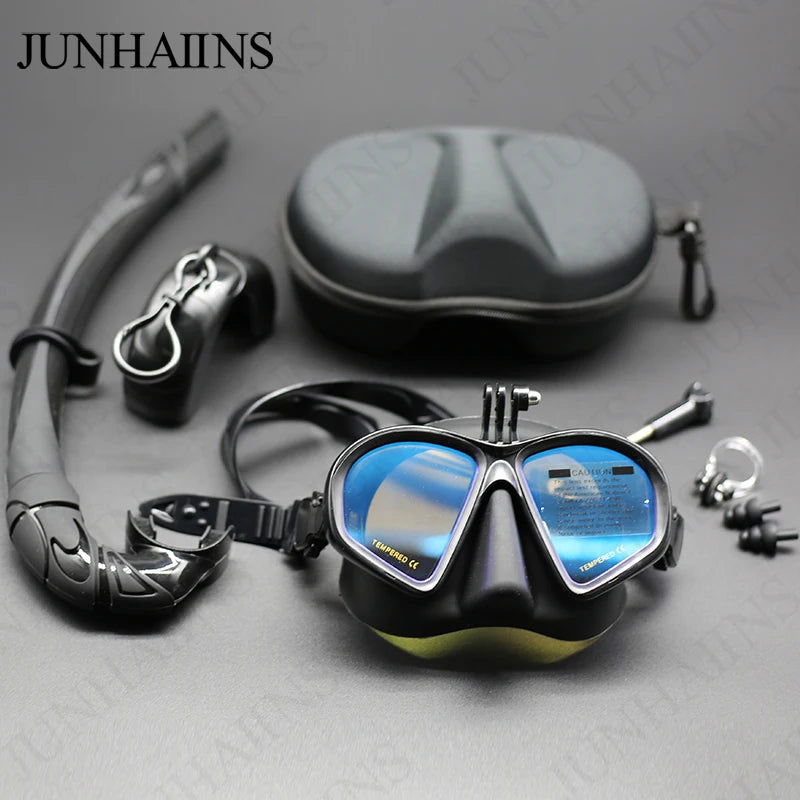 Wet Gopro Mount Low Volume Diving Mask Tempered Glass Freedive Mask J-type Diving Mask Snorkel Set with Camera Mount Black - Slobuy