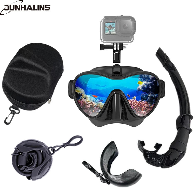 Wet Gopro Mount Low Volume Diving Mask Tempered Glass Freedive Mask J-type Diving Mask Snorkel Set with Camera Mount Black - Slobuy