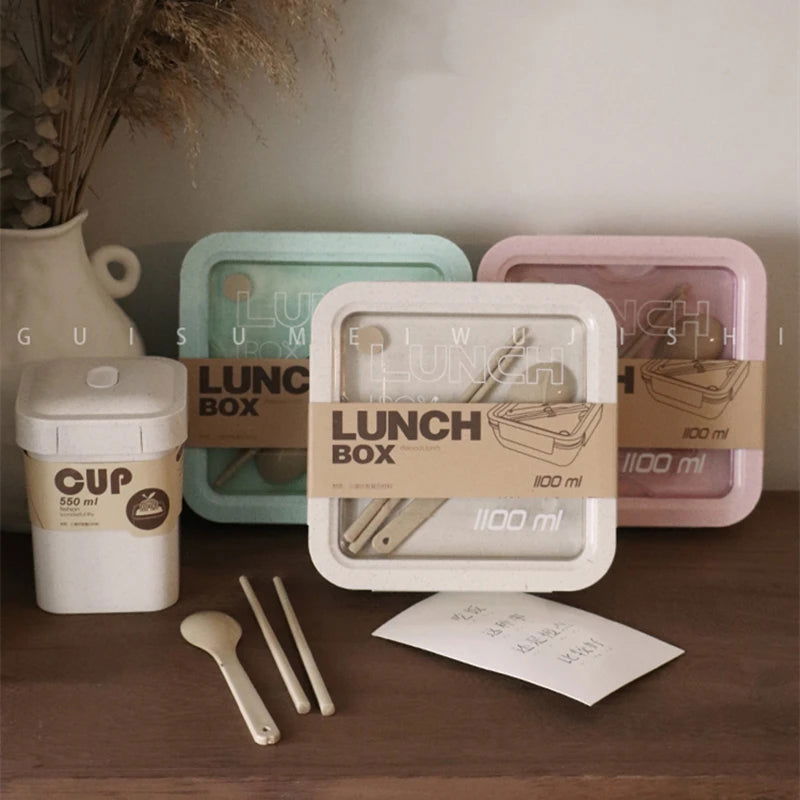 Wheat Straw Lunch Box Healthy BPA Free Bento Boxes Microwave Dinnerware Food Storage Container Soup Cup Lunch Box for Kids - Slobuy