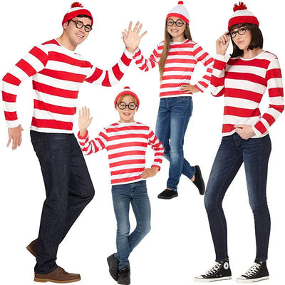 Wheres Waldo Striped Shirt Youth Kids Boys Wally Costume Shirt Glasses and Hat Socks Unisex  Adults Halloween Cosplay Costume - Slobuy