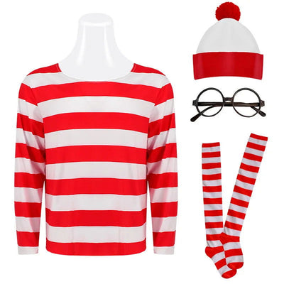 Wheres Waldo Striped Shirt Youth Kids Boys Wally Costume Shirt Glasses and Hat Socks Unisex  Adults Halloween Cosplay Costume - Slobuy