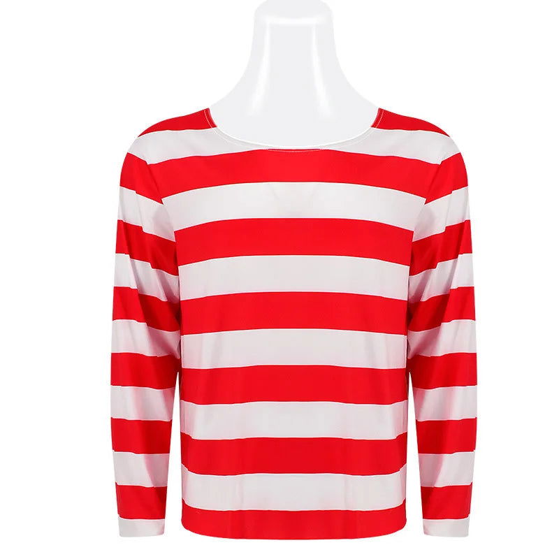 Wheres Waldo Striped Shirt Youth Kids Boys Wally Costume Shirt Glasses and Hat Socks Unisex  Adults Halloween Cosplay Costume - Slobuy