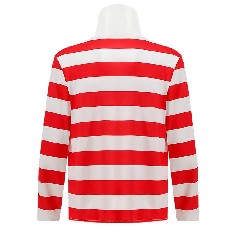 Wheres Waldo Striped Shirt Youth Kids Boys Wally Costume Shirt Glasses and Hat Socks Unisex  Adults Halloween Cosplay Costume - Slobuy