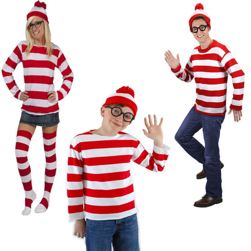 Wheres Waldo Striped Shirt Youth Kids Boys Wally Costume Shirt Glasses and Hat Socks Unisex  Adults Halloween Cosplay Costume - Slobuy