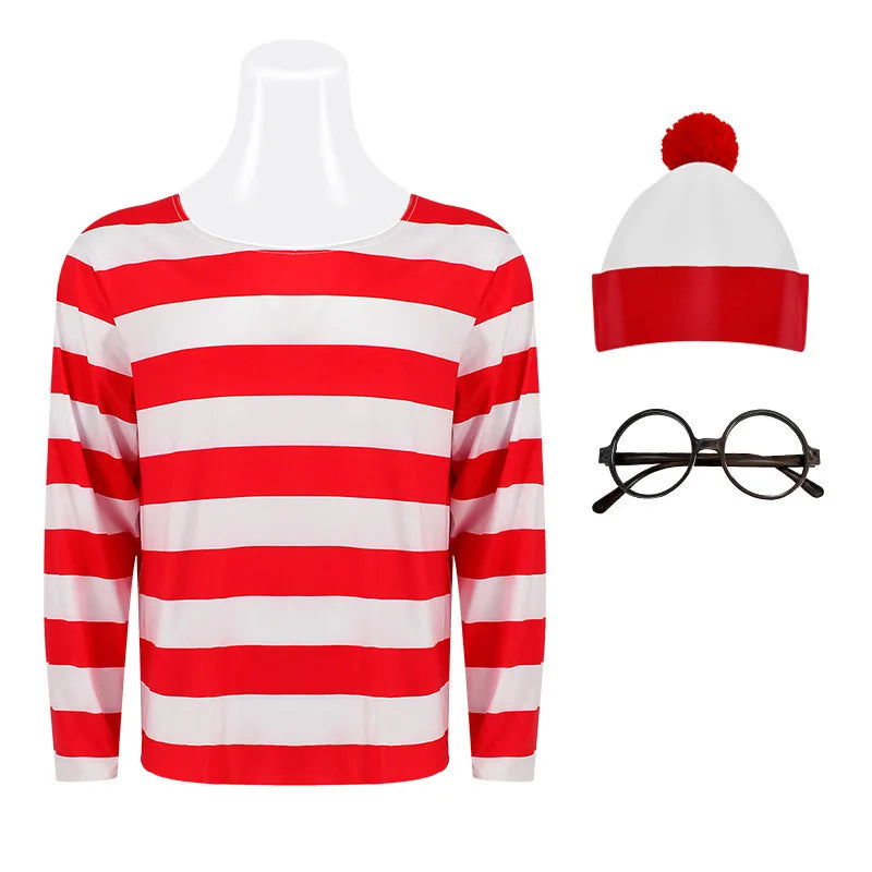 Wheres Waldo Striped Shirt Youth Kids Boys Wally Costume Shirt Glasses and Hat Socks Unisex  Adults Halloween Cosplay Costume - Slobuy