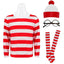 Wheres Waldo Striped Shirt Youth Kids Boys Wally Costume Shirt Glasses and Hat Socks Unisex  Adults Halloween Cosplay Costume - Slobuy