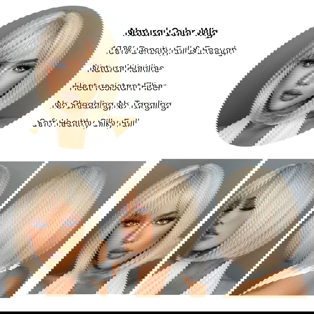 White Blonde Gray Synthetic Wigs with Bangs Short Straight Bob Hair Wig for Women Cosplay Daily Natural Hair Heat Resistant - Slobuy