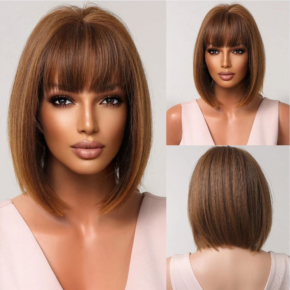 White Blonde Gray Synthetic Wigs with Bangs Short Straight Bob Hair Wig for Women Cosplay Daily Natural Hair Heat Resistant - Slobuy