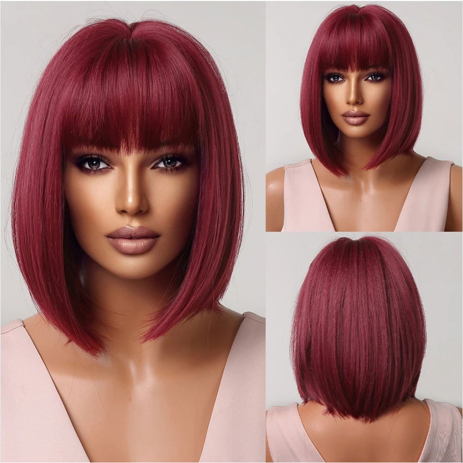 White Blonde Gray Synthetic Wigs with Bangs Short Straight Bob Hair Wig for Women Cosplay Daily Natural Hair Heat Resistant - Slobuy