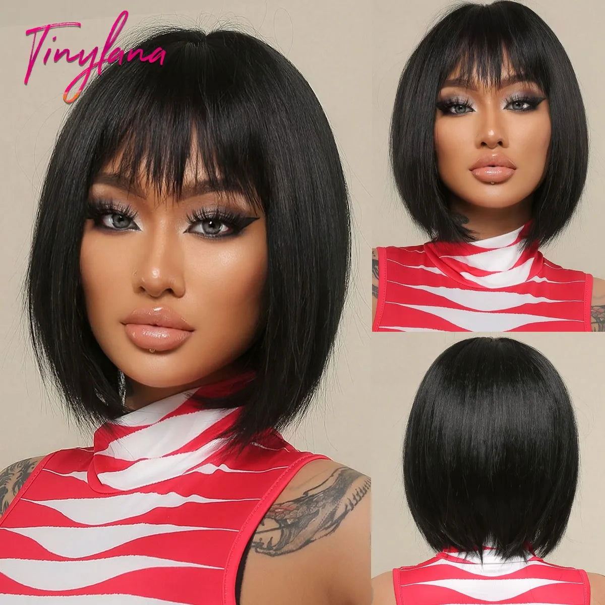 White Blonde Gray Synthetic Wigs with Bangs Short Straight Bob Hair Wig for Women Cosplay Daily Natural Hair Heat Resistant - Slobuy