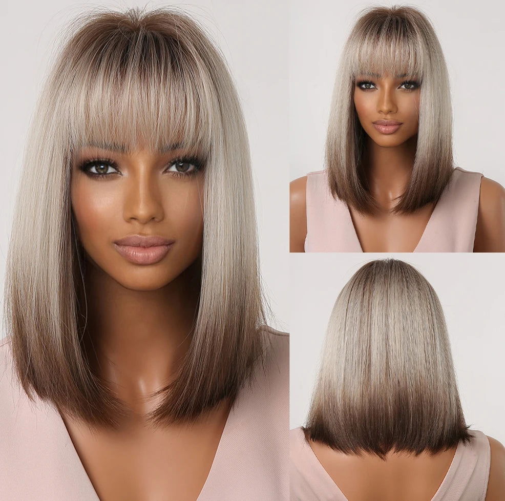 White Blonde Gray Synthetic Wigs with Bangs Short Straight Bob Hair Wig for Women Cosplay Daily Natural Hair Heat Resistant - Slobuy