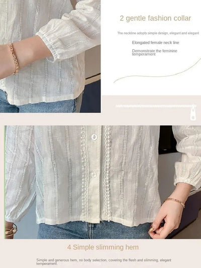 White Sweet V-neck Lace Long Sleeved Shirt With Bubble Sleeves Versatile Top Autumn Retro Sweet Single Breasted Women's Clothing - Slobuy