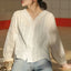 White Sweet V-neck Lace Long Sleeved Shirt With Bubble Sleeves Versatile Top Autumn Retro Sweet Single Breasted Women's Clothing - Slobuy