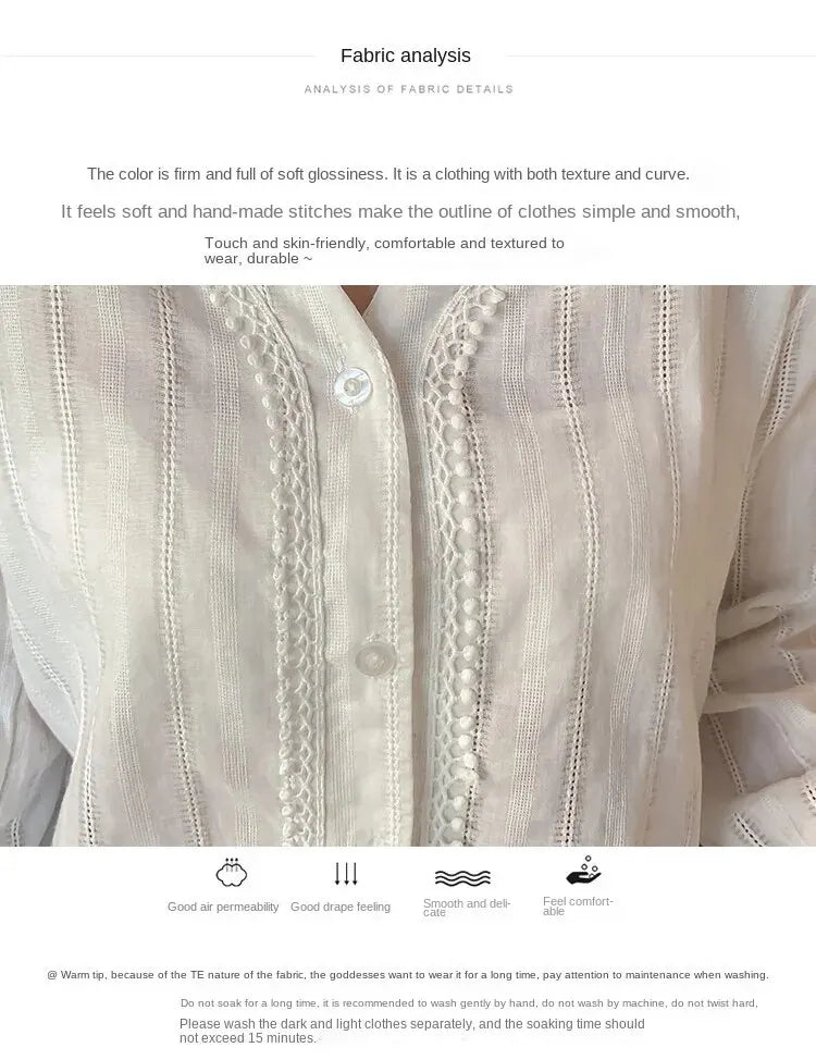 White Sweet V-neck Lace Long Sleeved Shirt With Bubble Sleeves Versatile Top Autumn Retro Sweet Single Breasted Women's Clothing - Slobuy