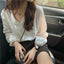 White Sweet V-neck Lace Long Sleeved Shirt With Bubble Sleeves Versatile Top Autumn Retro Sweet Single Breasted Women's Clothing - Slobuy
