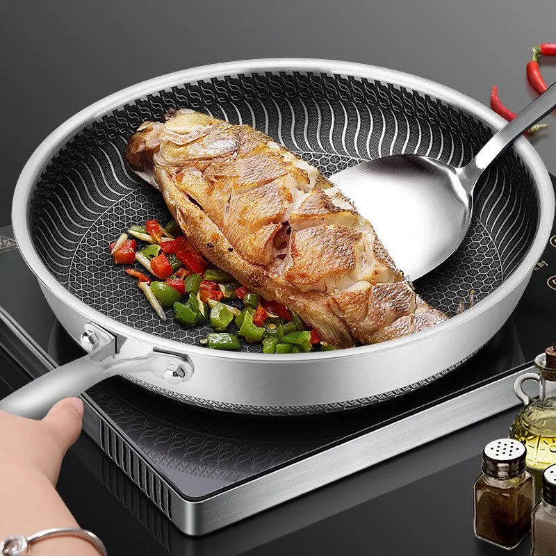 Whole Body Tri-Ply Stainless Steel Frying Pan 316 Stainless Steel Wok Pan Double-sided Honeycomb Skillet Suitable for All Stove - Slobuy