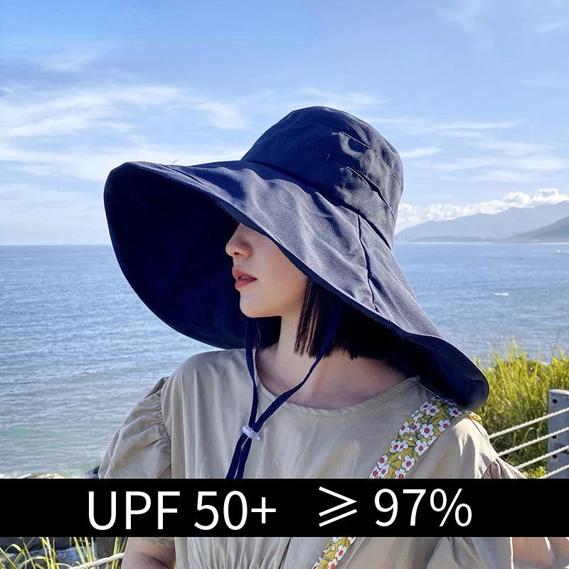 Wide Brim UPF 50+ Sun Hat Women Anti-UV Protection Hiking Fisherman Cap Fold Summer Solid Beach Hat 2023 Double sided Sun hat - Slobuy