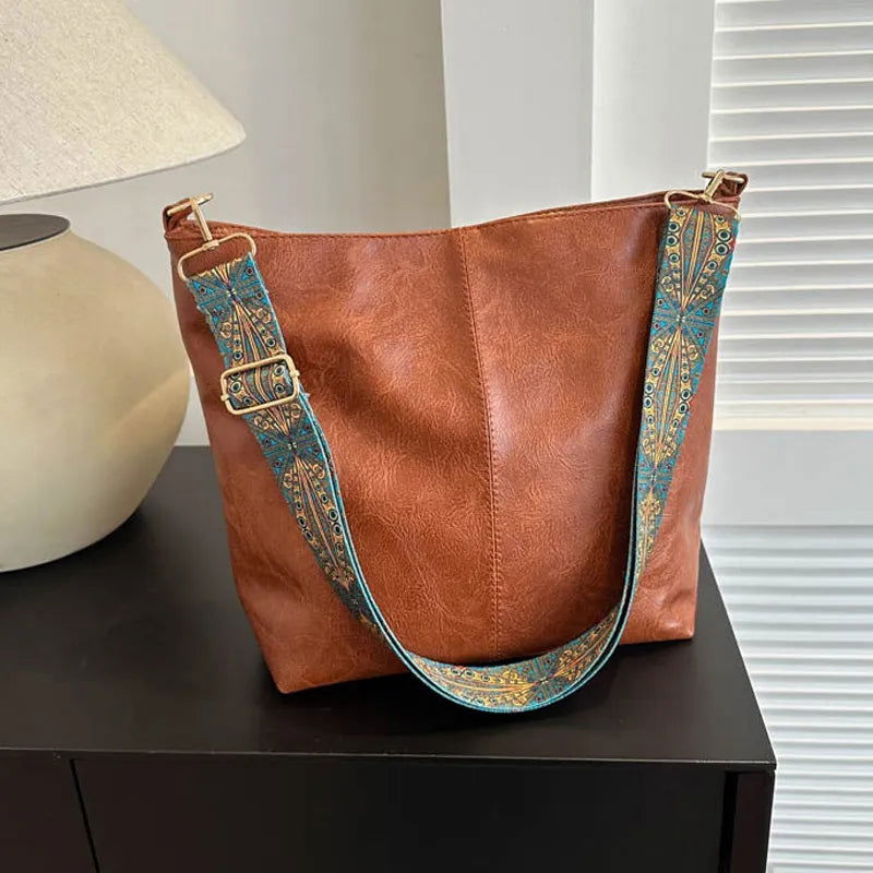 Wide Geometric Strap Shoulder Bag Large Capacity Crossbody Bags For Women,Retro Pu Leather Women's Bag For Shopping & Travel - Slobuy