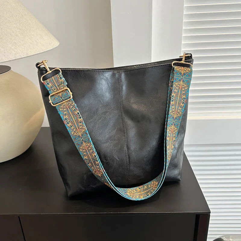 Wide Geometric Strap Shoulder Bag Large Capacity Crossbody Bags For Women,Retro Pu Leather Women's Bag For Shopping & Travel - Slobuy