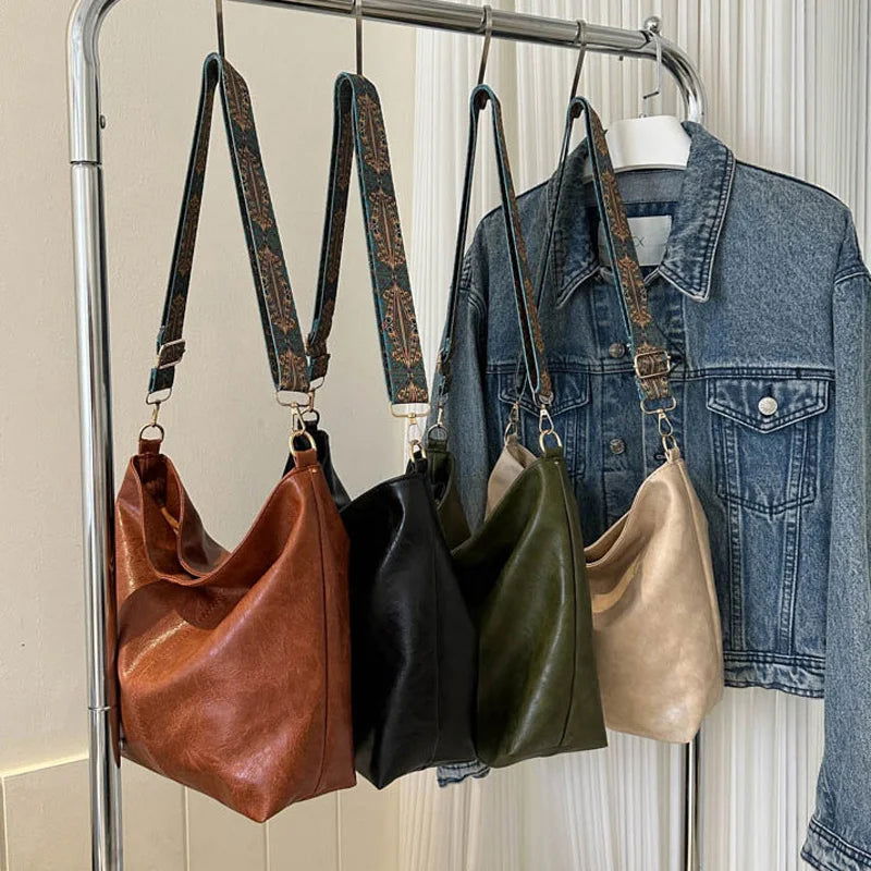 Wide Geometric Strap Shoulder Bag Large Capacity Crossbody Bags For Women,Retro Pu Leather Women's Bag For Shopping & Travel - Slobuy