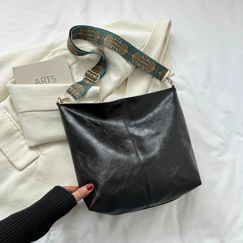 Wide Geometric Strap Shoulder Bag Large Capacity Crossbody Bags For Women,Retro Pu Leather Women's Bag For Shopping & Travel - Slobuy