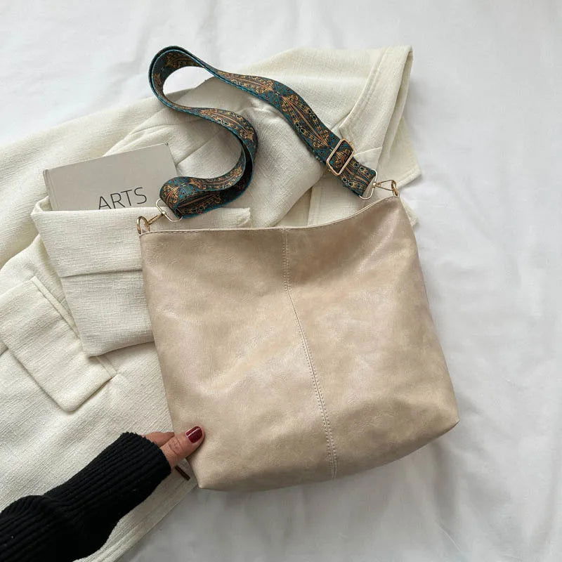 Wide Geometric Strap Shoulder Bag Large Capacity Crossbody Bags For Women,Retro Pu Leather Women's Bag For Shopping & Travel - Slobuy