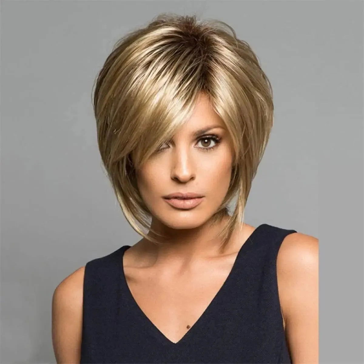 Wig Blonde Mixed Brown Bob Wigs Fashion Women's Mixed Color Blond Hair Fluffy Short Curly Hair With Oblique Bangs Natural Synthe - Slobuy