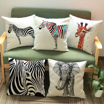 Wild Animal Style Decorative Cushion African Zebra Elephant Giraffe Cushion Square Throw Pillows Cotton Linen Pillowcase 45x45cm - Slobuy