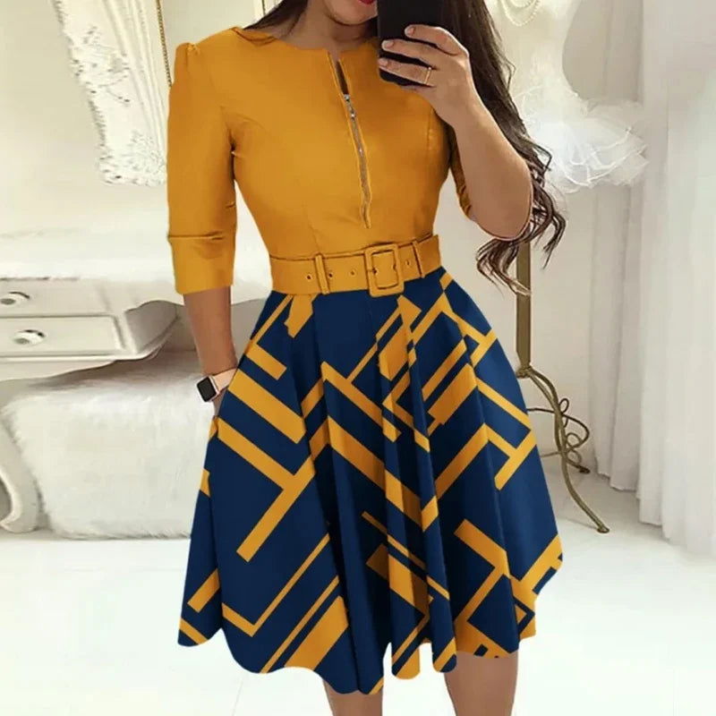 Fashion Women Patchwork A-line Dresses Autumn/Winter Round Neck Printed Belt Party Dress Elegant Office Lady Zipper Dress - Slobuy
