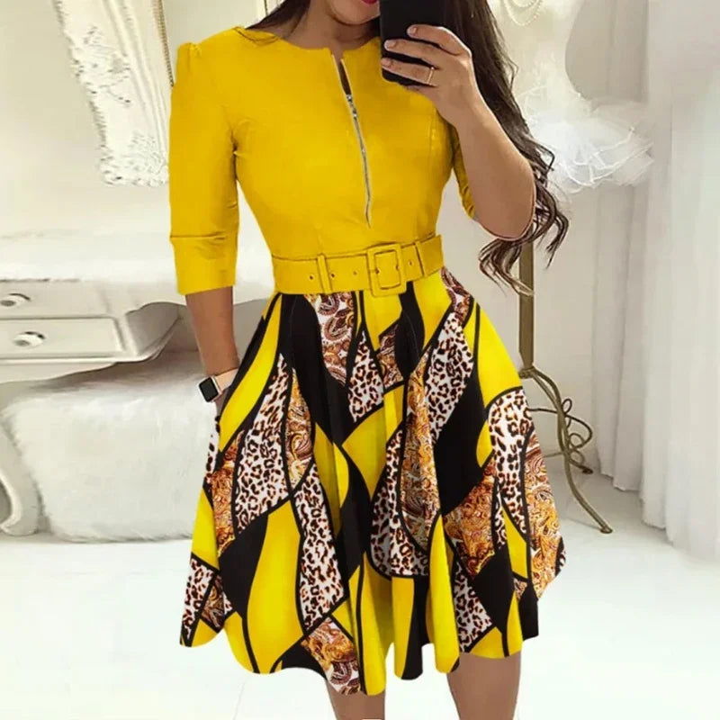 Fashion Women Patchwork A-line Dresses Autumn/Winter Round Neck Printed Belt Party Dress Elegant Office Lady Zipper Dress - Slobuy