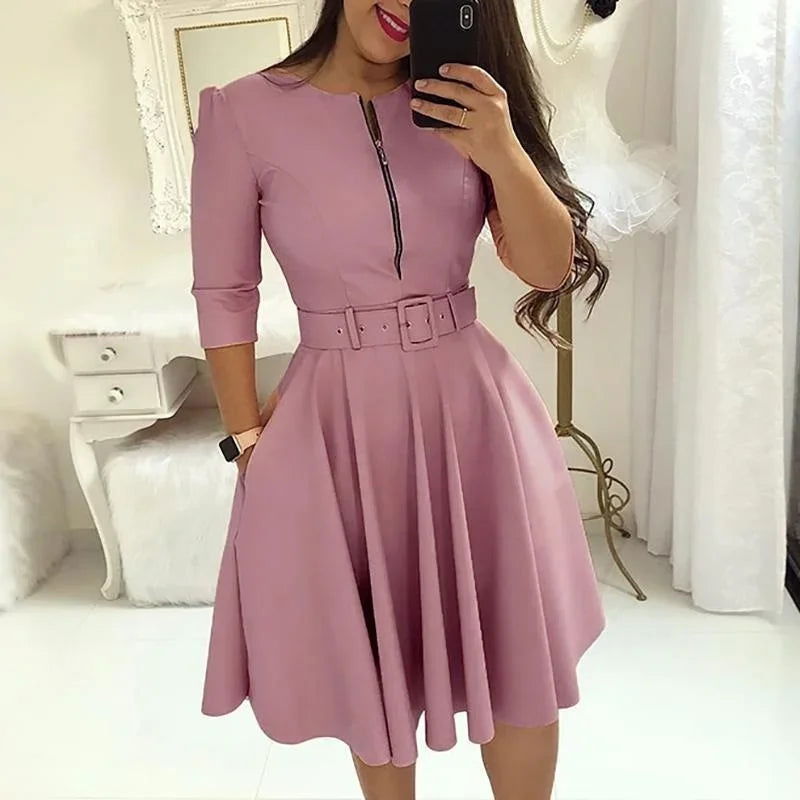 Fashion Women Patchwork A-line Dresses Autumn/Winter Round Neck Printed Belt Party Dress Elegant Office Lady Zipper Dress - Slobuy